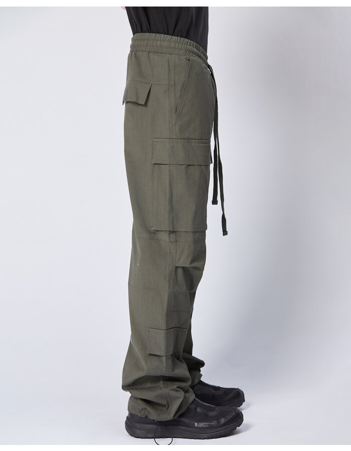 THOM KROM STRETCH COTTON WIDE LEG PARACHORD CARGO TROUSERS - IVY