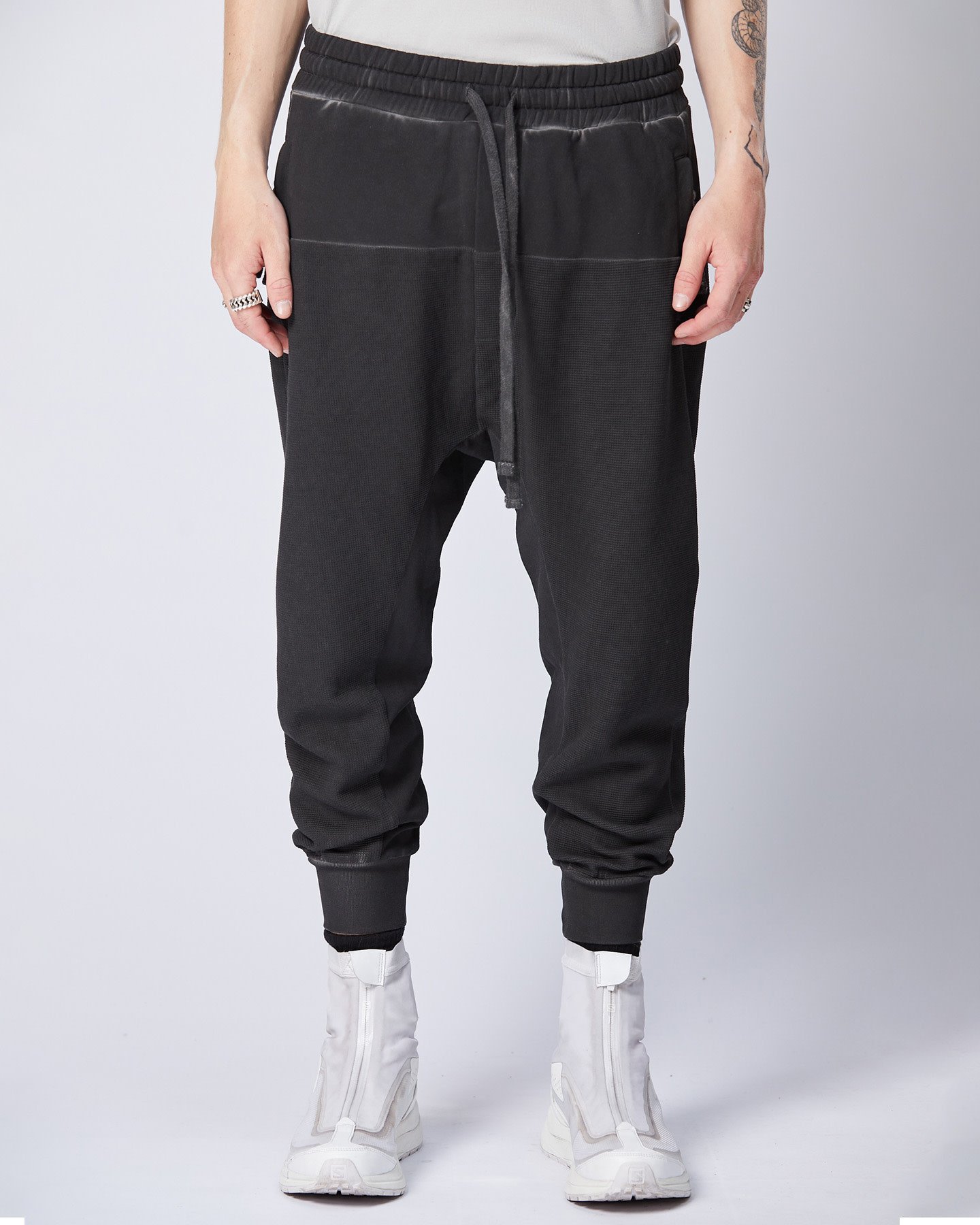 STRETCH COTTON PANEL WAFFLE KNIT JOGGER - OIL
