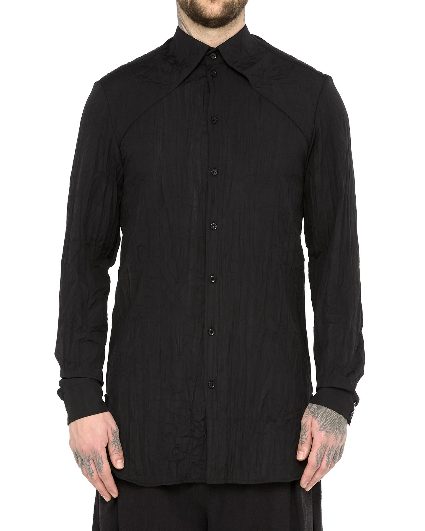 CRINKLED SHIRT WITH INTEGRATED COLLAR - BLACK