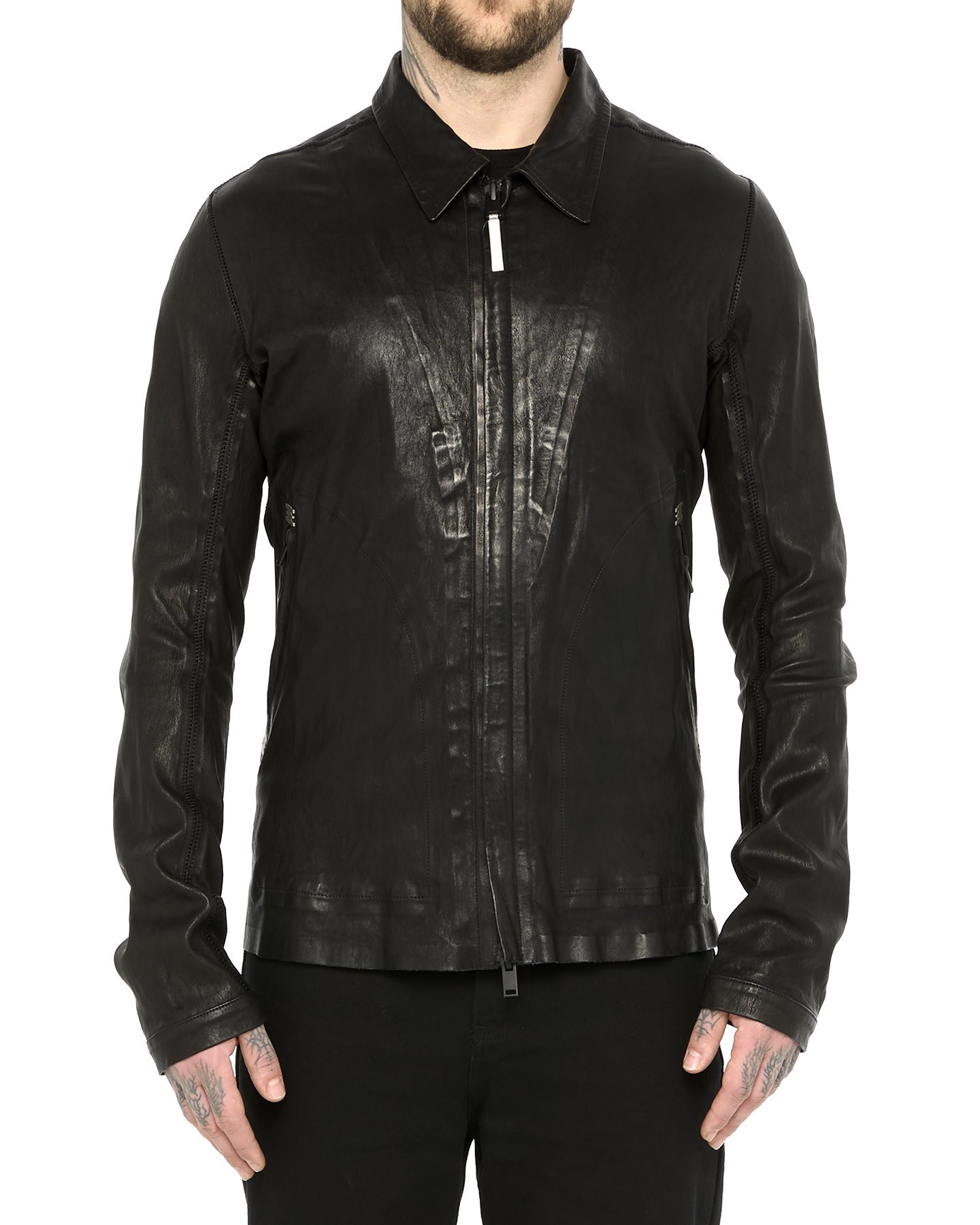 ATTENTIF STRETCH LEATHER ZIP FRONT COLLARED JACKET