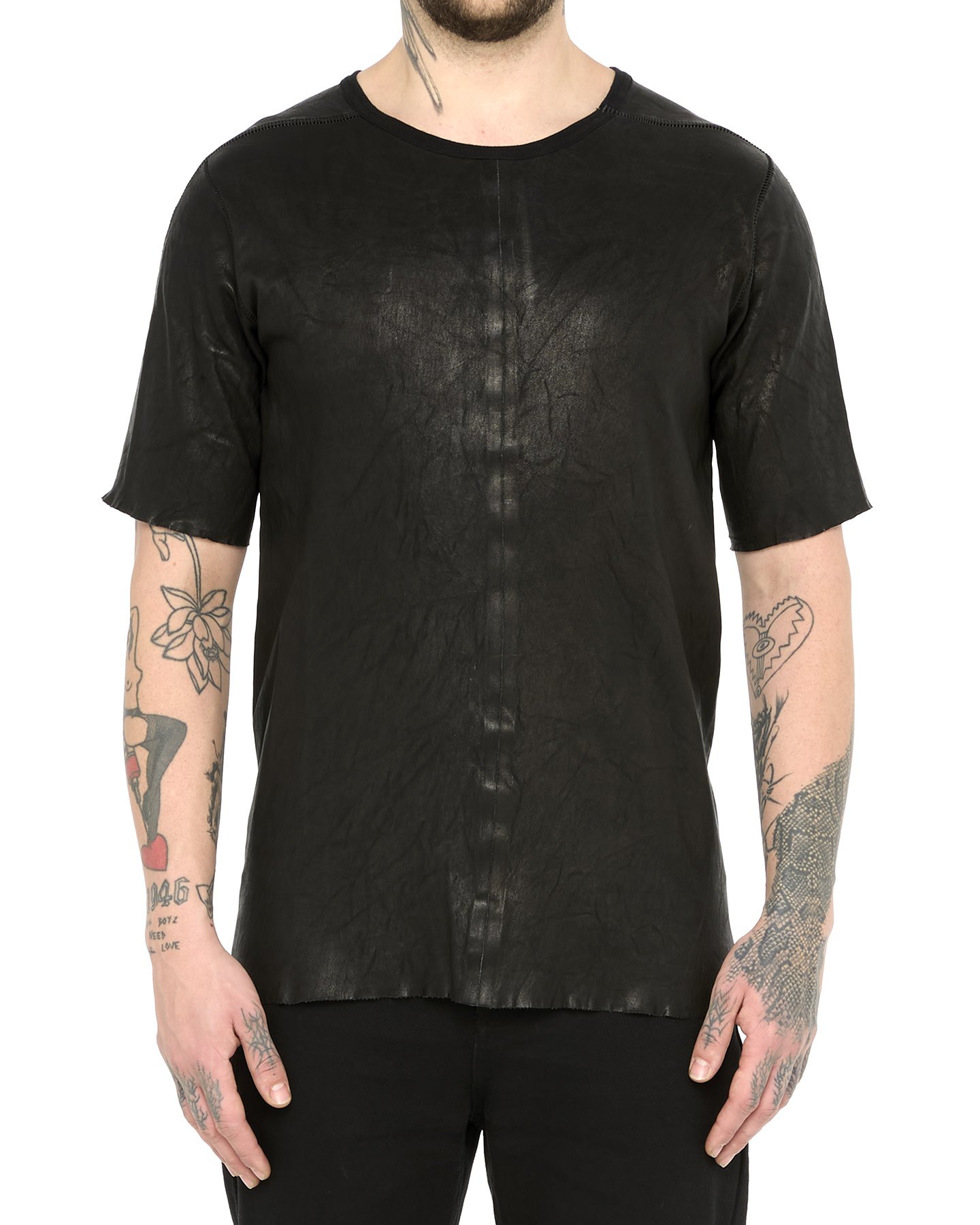 STRETCH LEATHER T-SHIRT WITH ZIPPERED SIDE