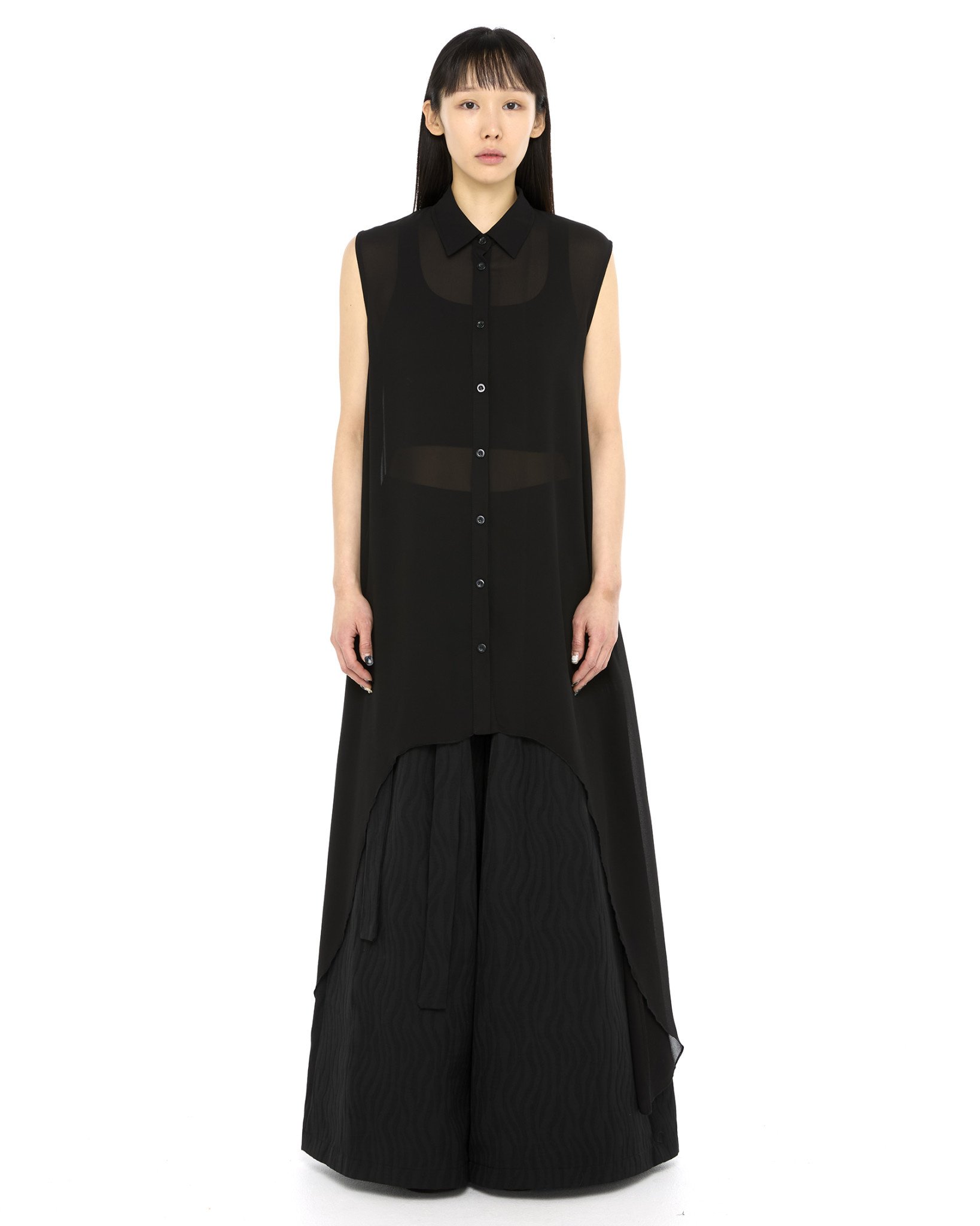 LONG ASYMMETRIC GEORGETTE BLOUSE - BLACK