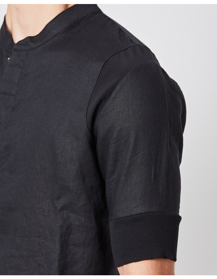 THOM KROM CUFFED LINEN SHORT SLEEVE MANDARIN SHIRT - BLACK