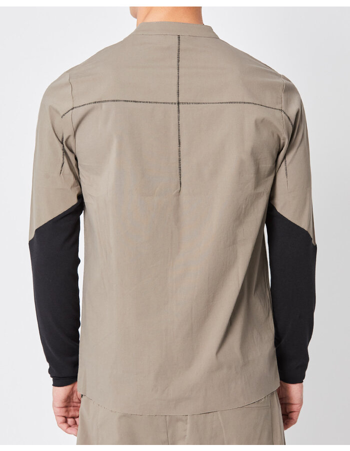 THOM KROM CONTRAST PANEL STRETCH COTTON MANDARIN SHIRT - FOSSIL