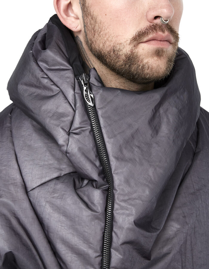 LEON EMANUEL BLANCK DISTORTION CURVED HOODED DOWN COAT - TECH ORGANZA