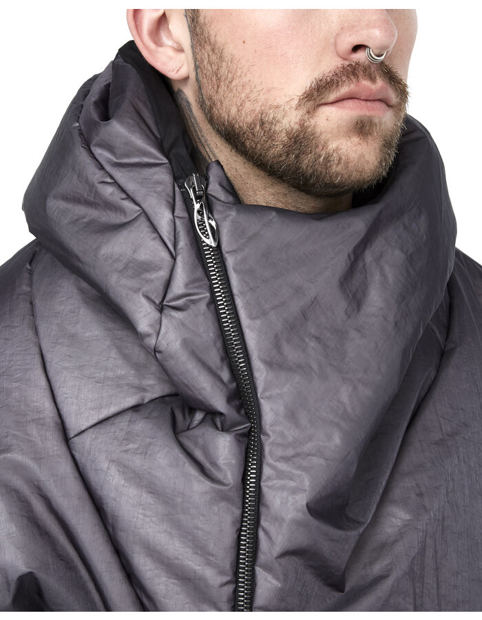 LEON EMANUEL BLANCK DISTORTION CURVED HOODED DOWN COAT - TECH ORGANZA