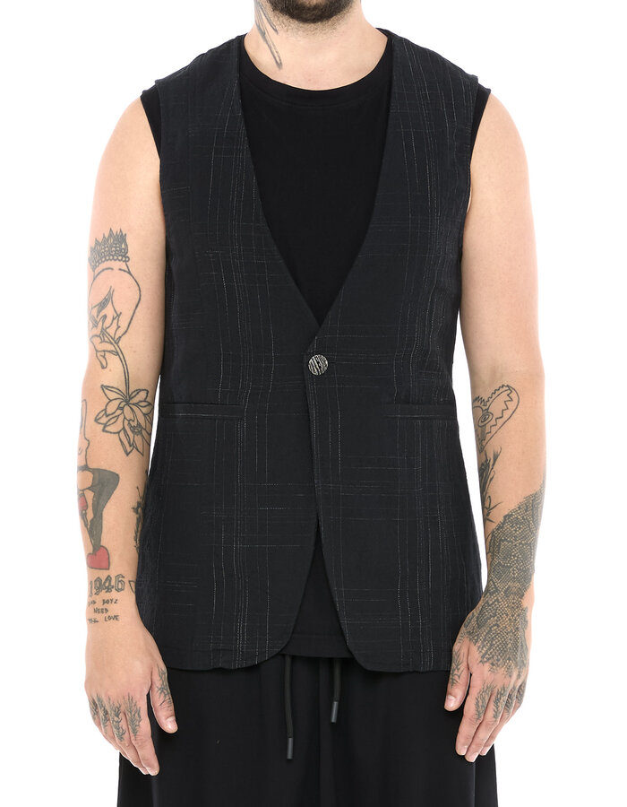 LA HAINE INSIDE US LINEN COTTON CHECK ONE BUTTON VEST