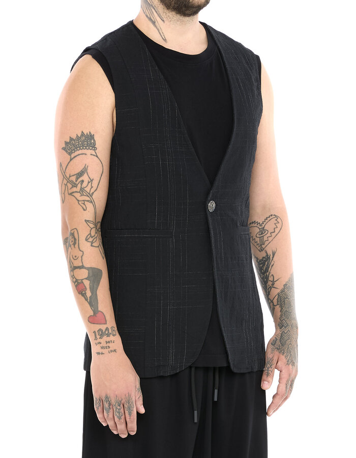 LA HAINE INSIDE US LINEN COTTON CHECK ONE BUTTON VEST