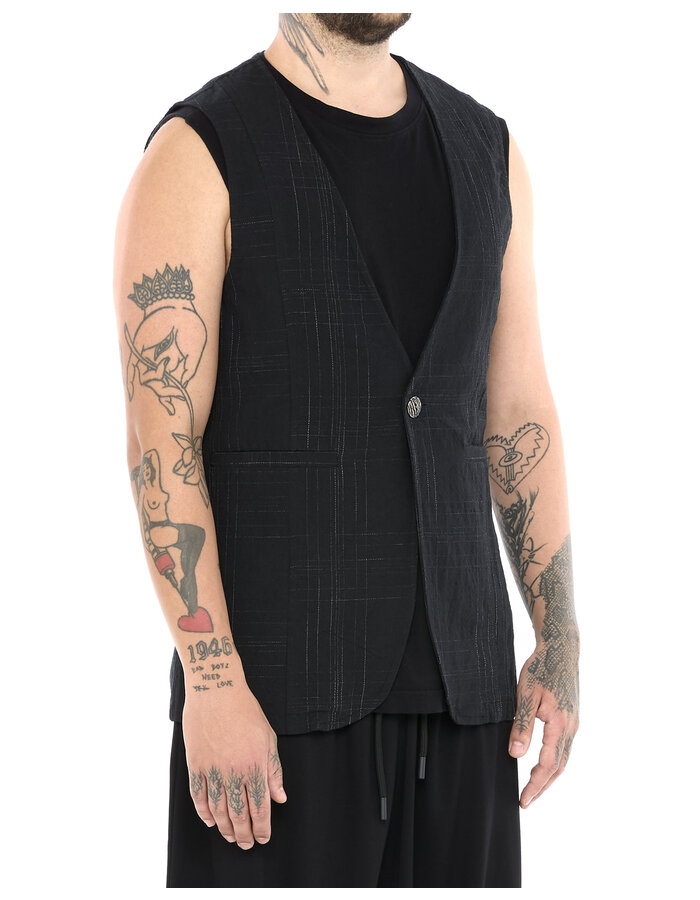 LA HAINE INSIDE US LINEN COTTON CHECK ONE BUTTON VEST