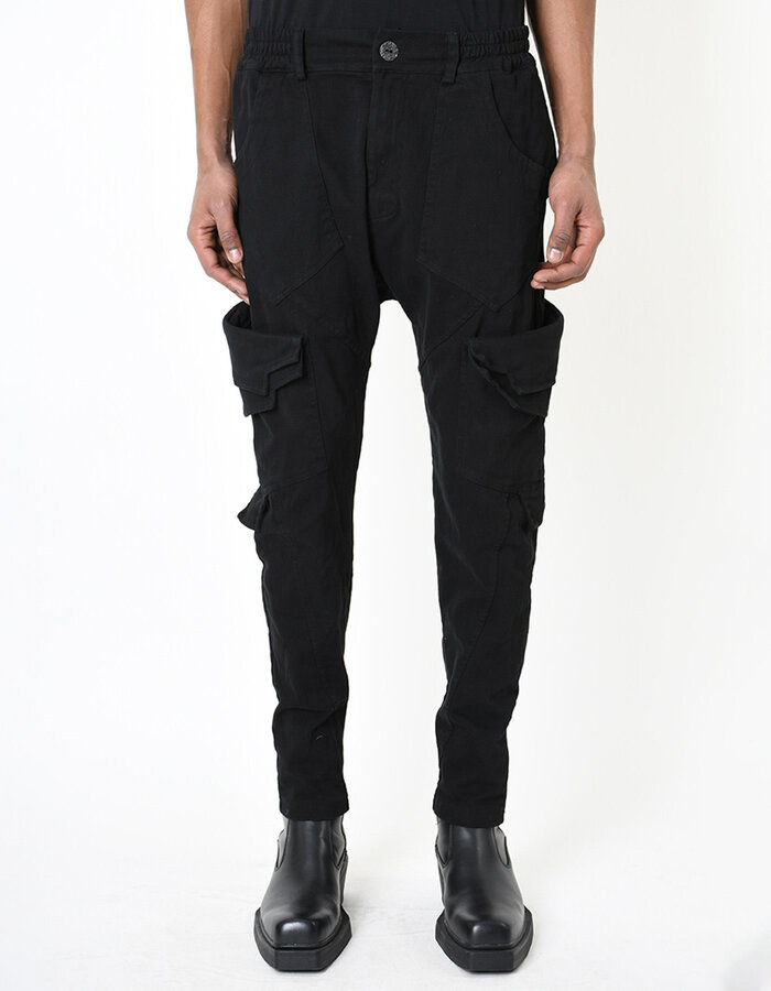 LA HAINE INSIDE US STRETCH DENIM MULTI POCKET CARGO JEANS - BLACK