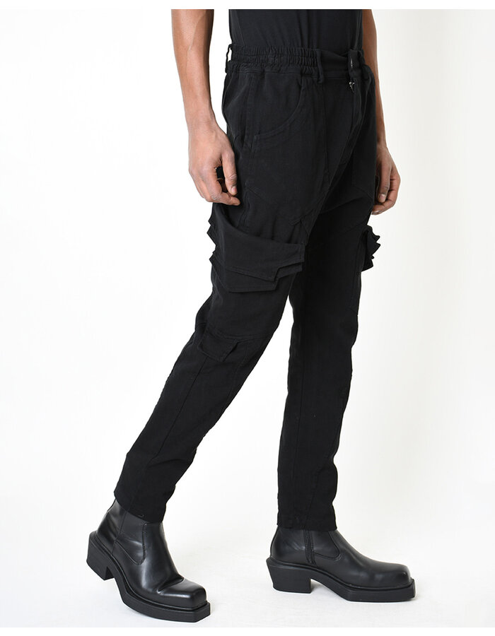 LA HAINE INSIDE US STRETCH DENIM MULTI POCKET CARGO JEANS - BLACK