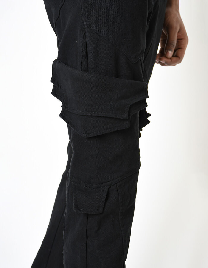 LA HAINE INSIDE US STRETCH DENIM MULTI POCKET CARGO JEANS - BLACK