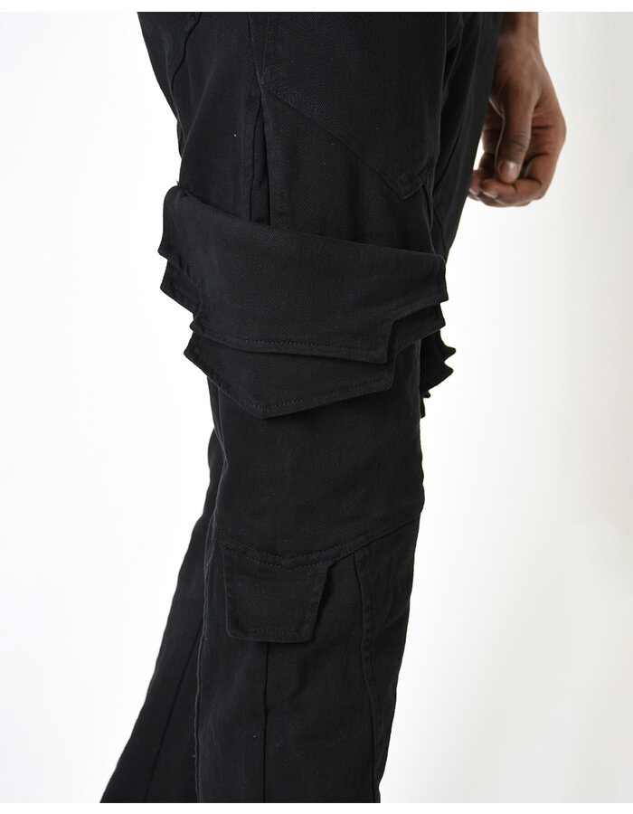 LA HAINE INSIDE US STRETCH DENIM MULTI POCKET CARGO JEANS - BLACK