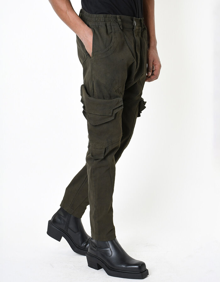 LA HAINE INSIDE US STRETCH DENIM MULTI POCKET CARGO JEANS - GREEN