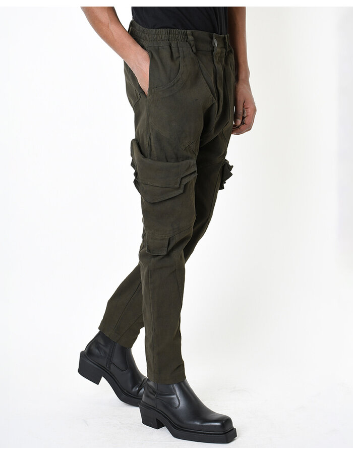 LA HAINE INSIDE US STRETCH DENIM MULTI POCKET CARGO JEANS - GREEN