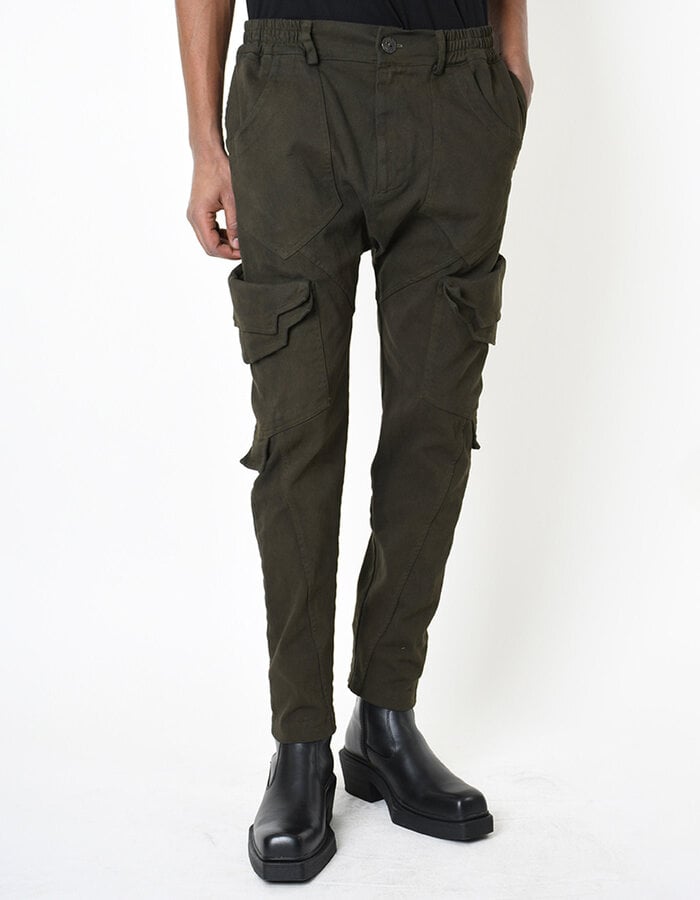 LA HAINE INSIDE US STRETCH DENIM MULTI POCKET CARGO JEANS - GREEN