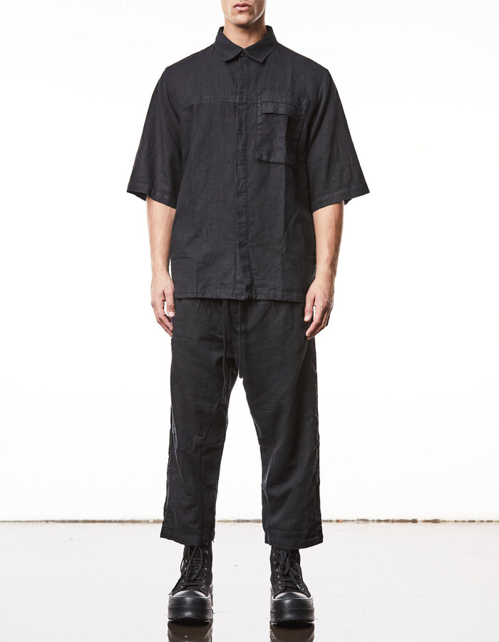 THOM KROM LINEN & COTTON OVERSIZED SHORT SLEEVE COLLARED SHIRT