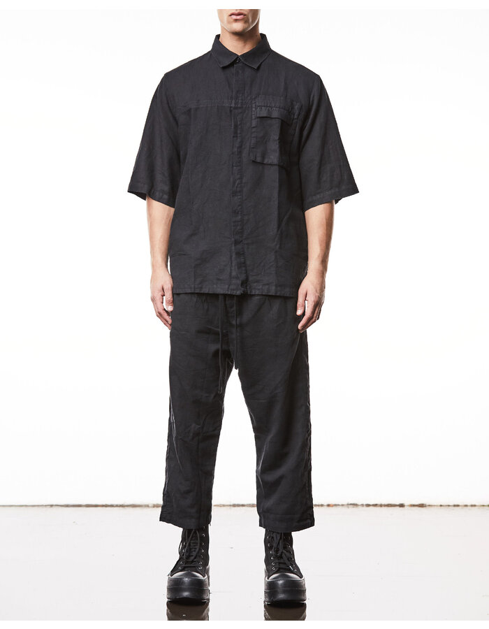 THOM KROM LINEN & COTTON OVERSIZED SHORT SLEEVE COLLARED SHIRT