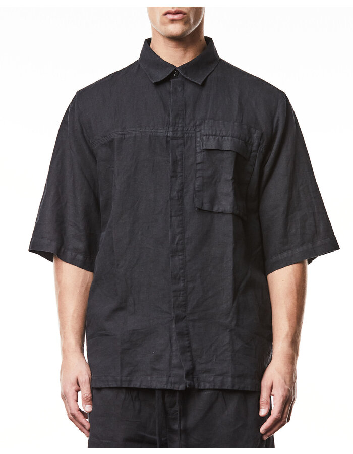 THOM KROM LINEN & COTTON OVERSIZED SHORT SLEEVE COLLARED SHIRT