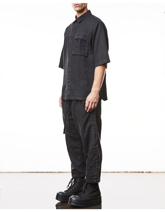 THOM KROM LINEN & COTTON OVERSIZED SHORT SLEEVE COLLARED SHIRT