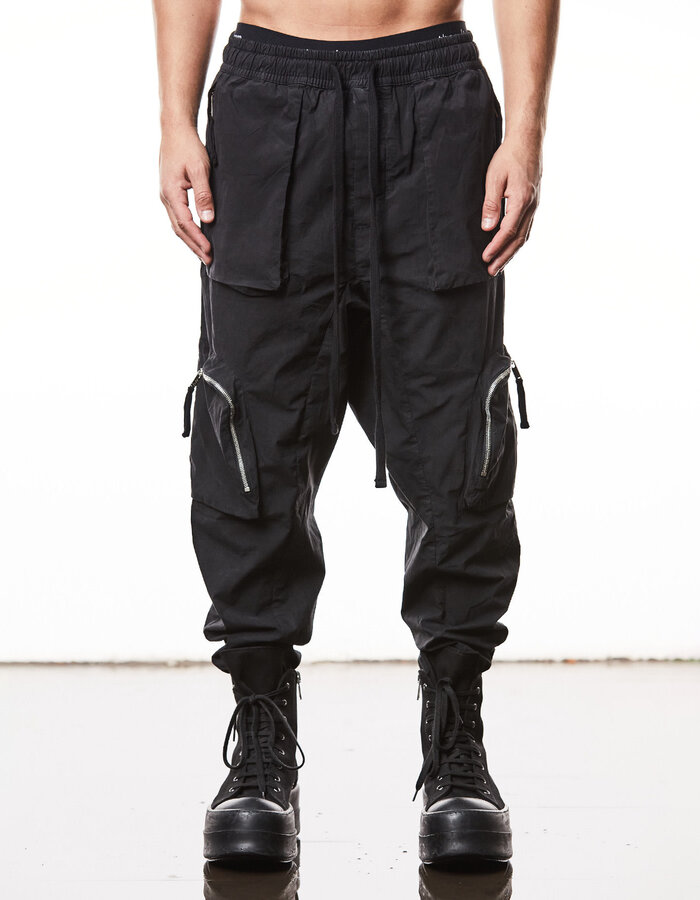THOM KROM LIGHT COTTON CURVE ZIP CARGO TROUSER - BLACK