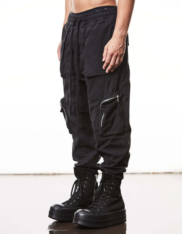 THOM KROM LIGHT COTTON CURVE ZIP CARGO TROUSER - BLACK