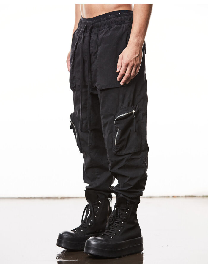 THOM KROM LIGHT COTTON CURVE ZIP CARGO TROUSER - BLACK
