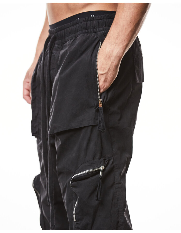 THOM KROM LIGHT COTTON CURVE ZIP CARGO TROUSER - BLACK