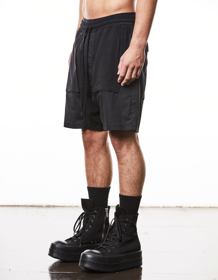 THOM KROM LINEN PATCH POCKET STRETCH COTTON BLEND SHORT - BLACK