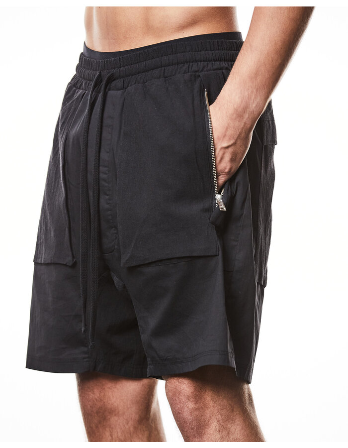 THOM KROM LINEN PATCH POCKET STRETCH COTTON BLEND SHORT - BLACK