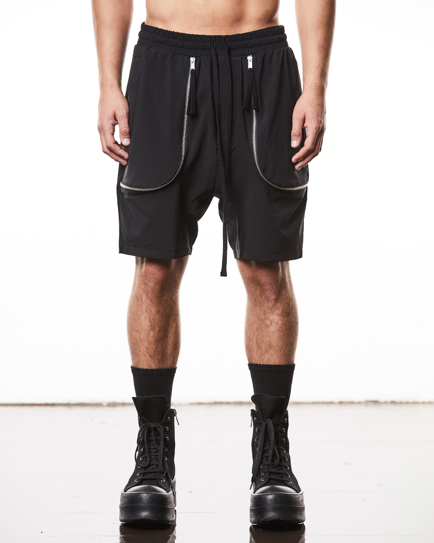CURVED ZIP GUSSET HYPER-STRETCH NYLON SHORTS - BLACK