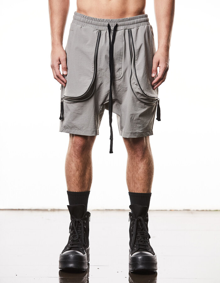THOM KROM CURVED ZIP GUSSET HYPER-STRETCH NYLON SHORTS - ROCK