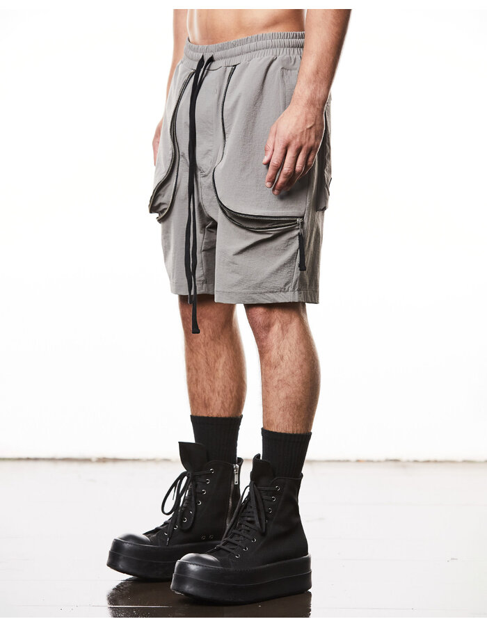 THOM KROM CURVED ZIP GUSSET HYPER-STRETCH NYLON SHORTS - ROCK