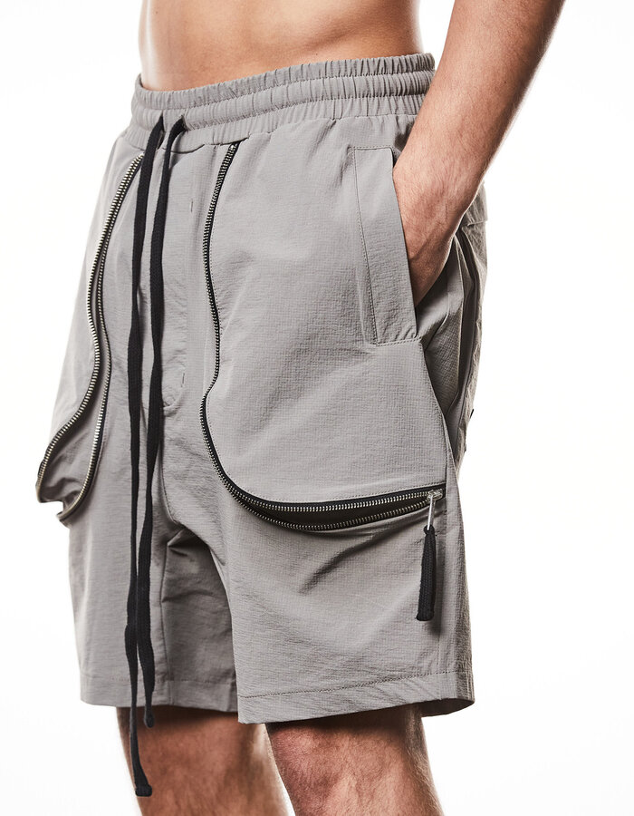 THOM KROM CURVED ZIP GUSSET HYPER-STRETCH NYLON SHORTS - ROCK