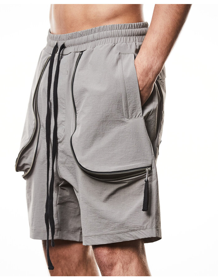 THOM KROM CURVED ZIP GUSSET HYPER-STRETCH NYLON SHORTS - ROCK