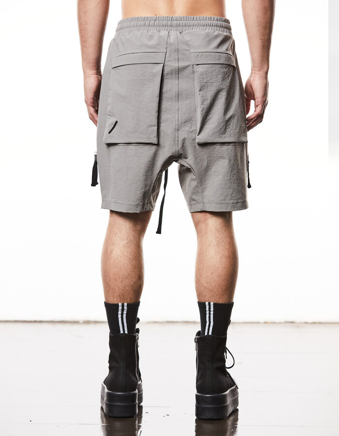THOM KROM CURVED ZIP GUSSET HYPER-STRETCH NYLON SHORTS - ROCK