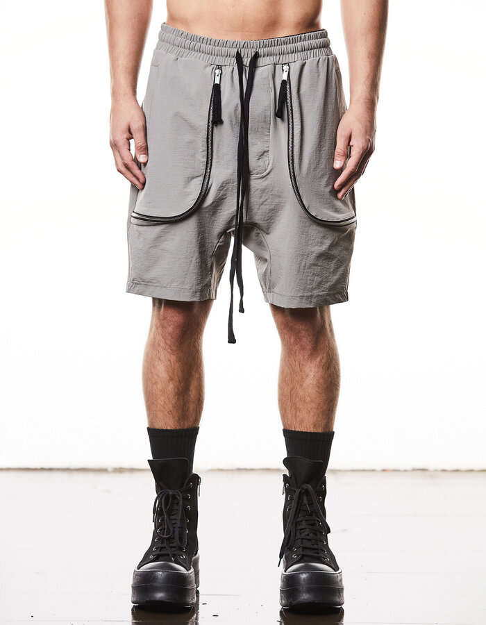 THOM KROM CURVED ZIP GUSSET HYPER-STRETCH NYLON SHORTS - ROCK