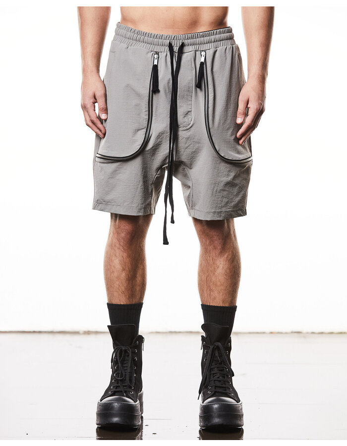 THOM KROM CURVED ZIP GUSSET HYPER-STRETCH NYLON SHORTS - ROCK