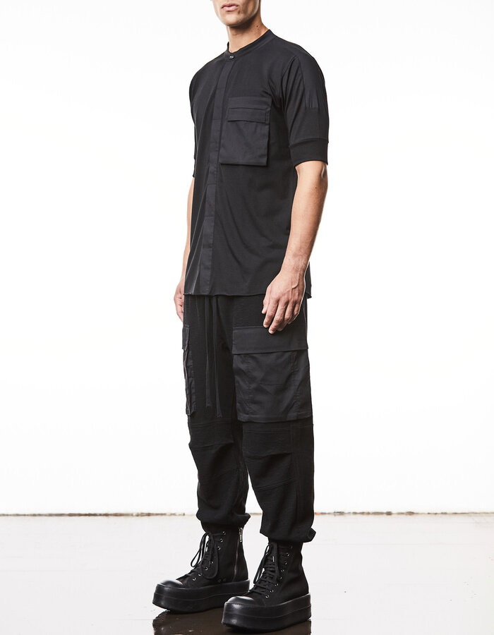 THOM KROM COTTON & MODAL CONCEALED BUTTON MANDARIN SHORT SLEEVE SHIRT
