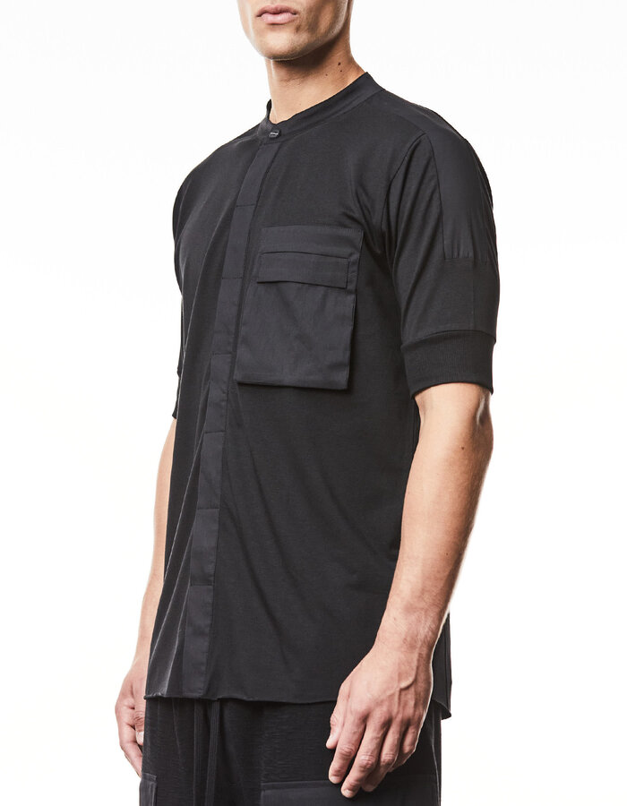 THOM KROM COTTON & MODAL CONCEALED BUTTON MANDARIN SHORT SLEEVE SHIRT