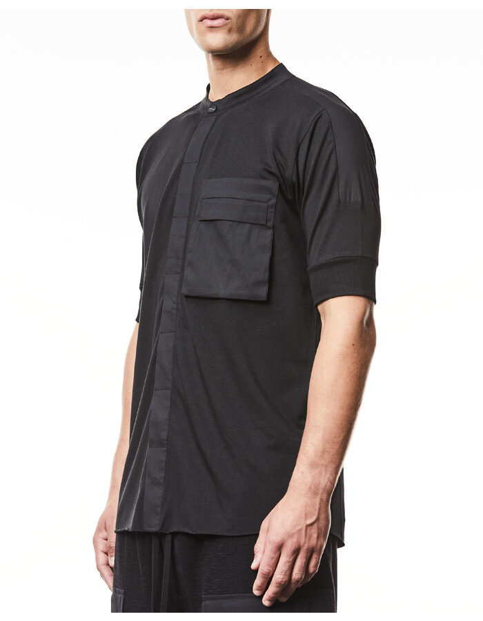 THOM KROM COTTON & MODAL CONCEALED BUTTON MANDARIN SHORT SLEEVE SHIRT