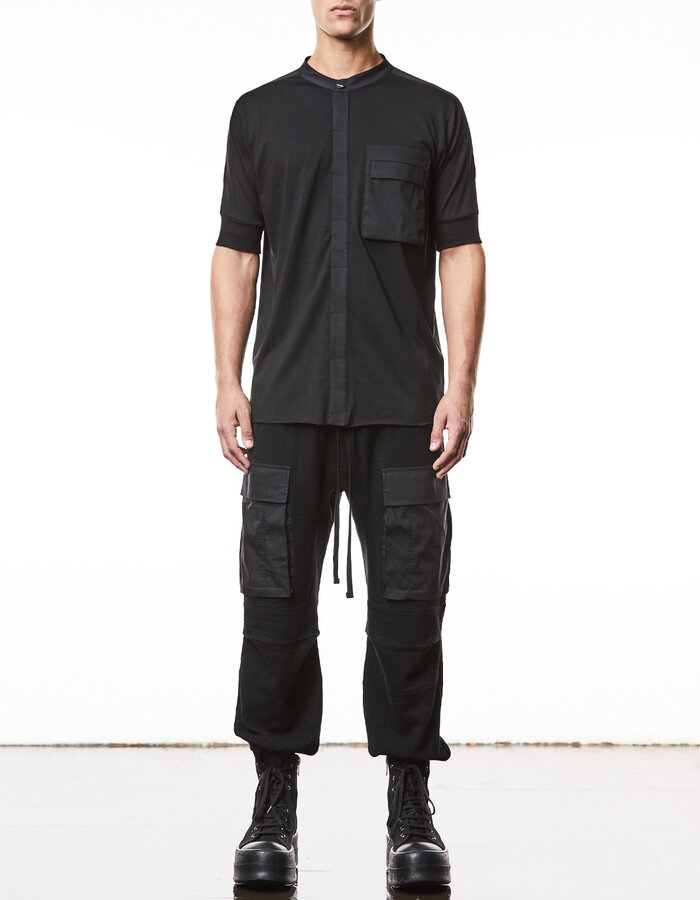THOM KROM COTTON & MODAL CONCEALED BUTTON MANDARIN SHORT SLEEVE SHIRT