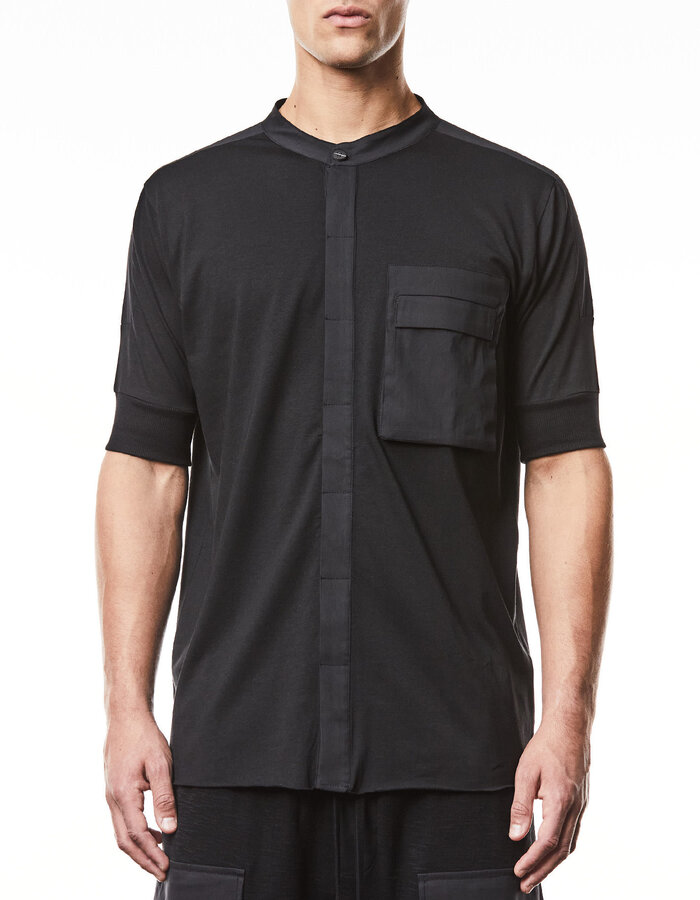 THOM KROM COTTON & MODAL CONCEALED BUTTON MANDARIN SHORT SLEEVE SHIRT