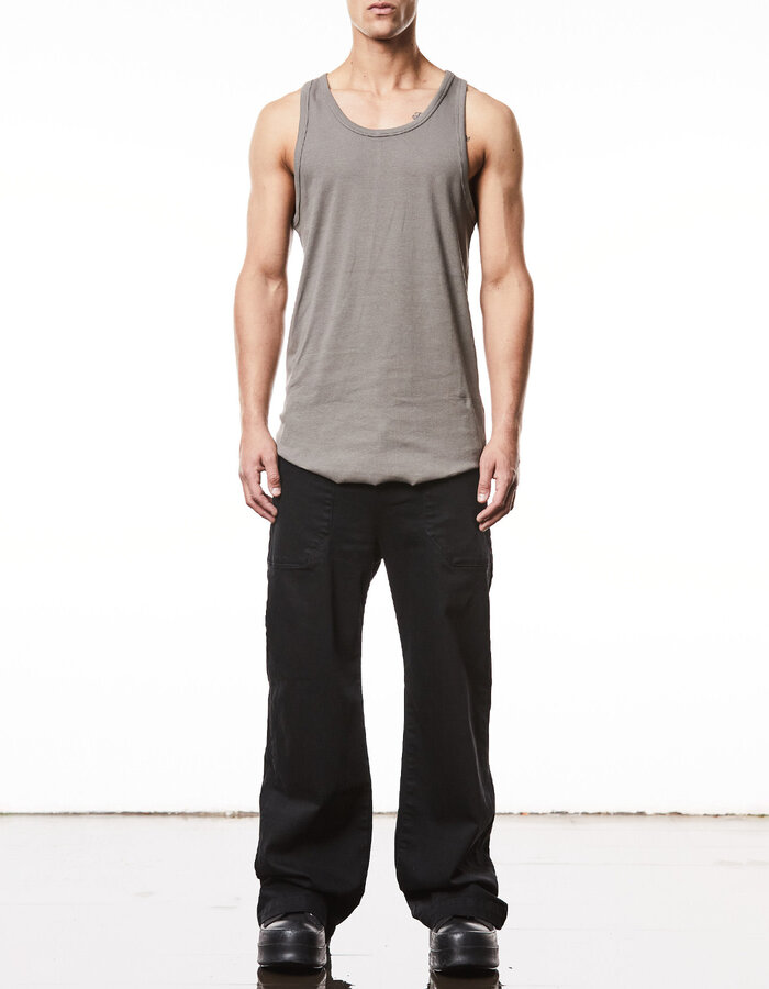 THOM KROM SLIM FIT FINE RIB TANK TOP WITH CONTRAST PIPING - ROCK