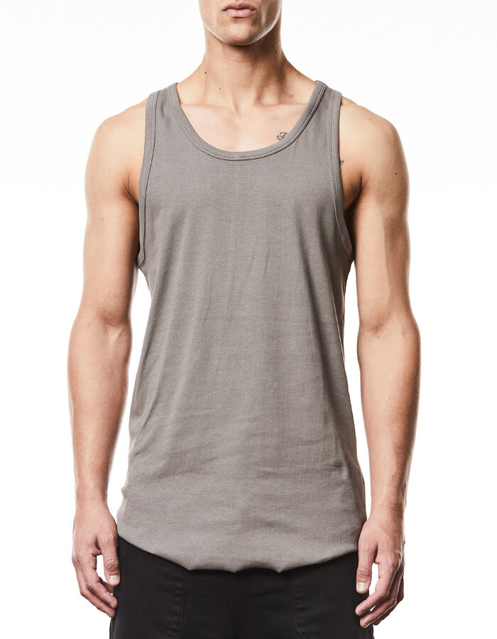 THOM KROM SLIM FIT FINE RIB TANK TOP WITH CONTRAST PIPING - ROCK