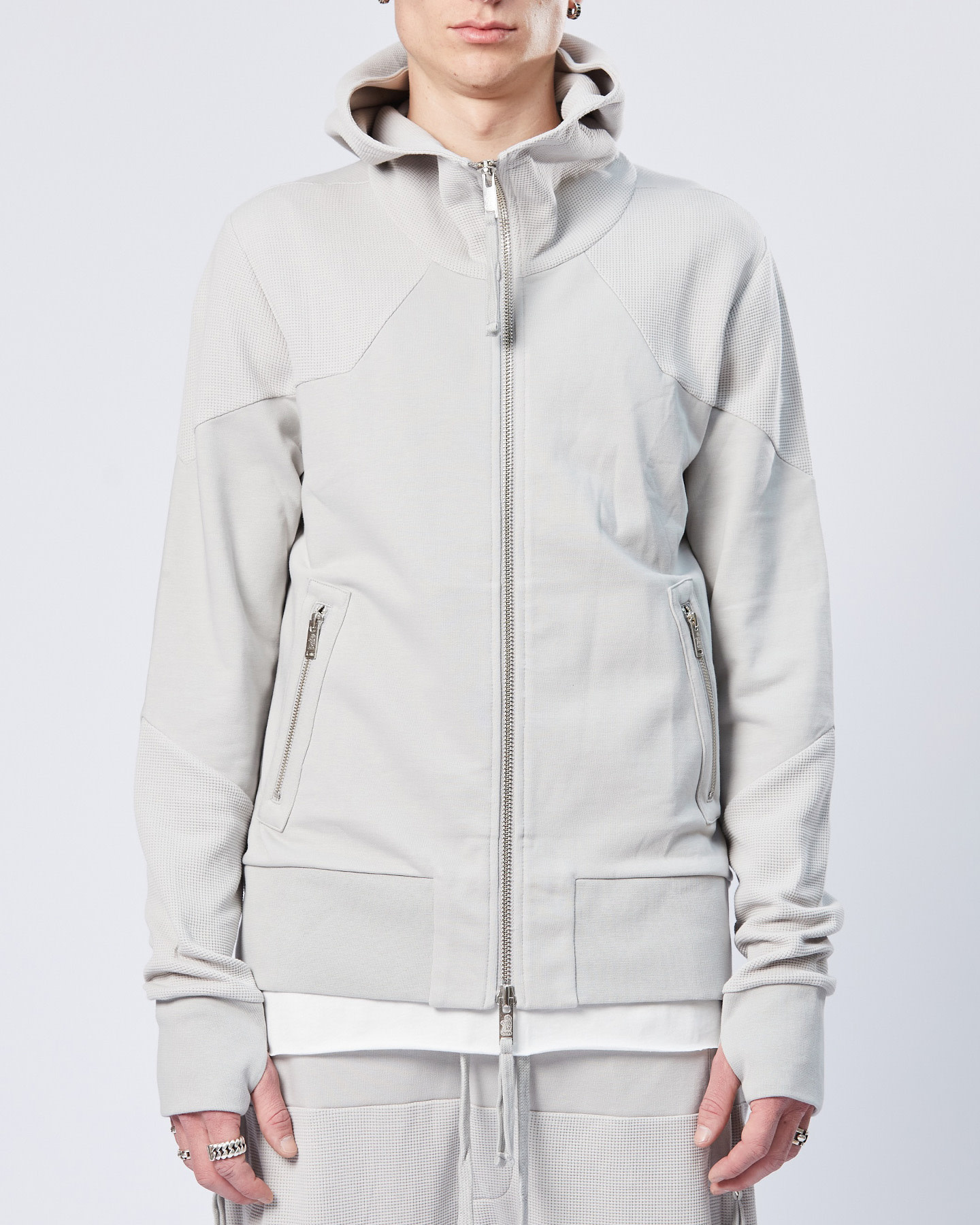 Cotton Waffle Knit Zip Hoodie Silver by Thom Krom | Shop Cotton Waffle Knit Zip Hoodie Silver by Thom Krom | Shop