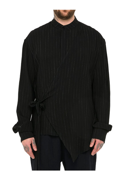 LA HAINE INSIDE US PINSTRIPE MANDARIN SHIRT WITH DRAPE PANEL