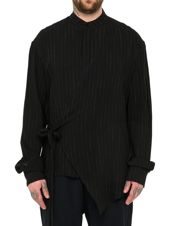 LA HAINE INSIDE US PINSTRIPE MANDARIN SHIRT WITH DRAPE PANEL