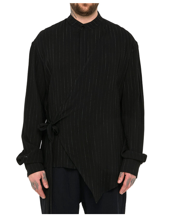 LA HAINE INSIDE US PINSTRIPE MANDARIN SHIRT WITH DRAPE PANEL
