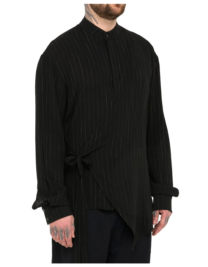 LA HAINE INSIDE US PINSTRIPE MANDARIN SHIRT WITH DRAPE PANEL